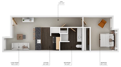 Floor plan for 1 bed, 1 bath, 500 sqft